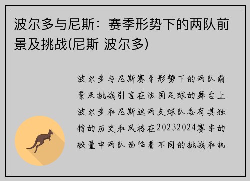 波尔多与尼斯：赛季形势下的两队前景及挑战(尼斯 波尔多)