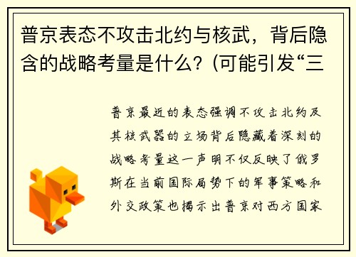 普京表态不攻击北约与核武，背后隐含的战略考量是什么？(可能引发“三战”!)