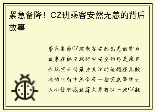 紧急备降！CZ班乘客安然无恙的背后故事