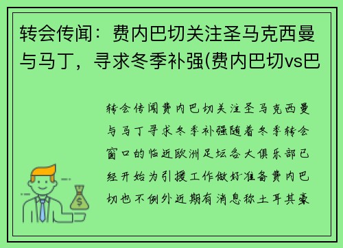 转会传闻：费内巴切关注圣马克西曼与马丁，寻求冬季补强(费内巴切vs巴斯克尼亚)